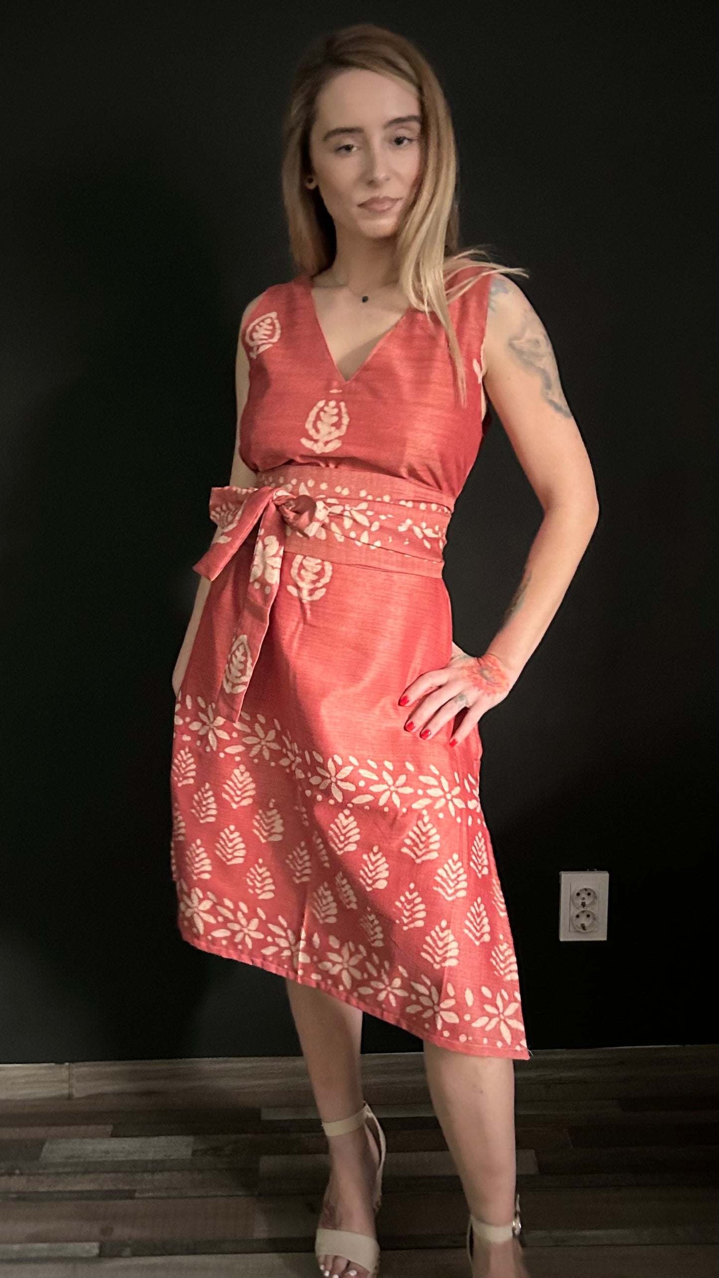 Chanderi Silk Dress - Brick Red
