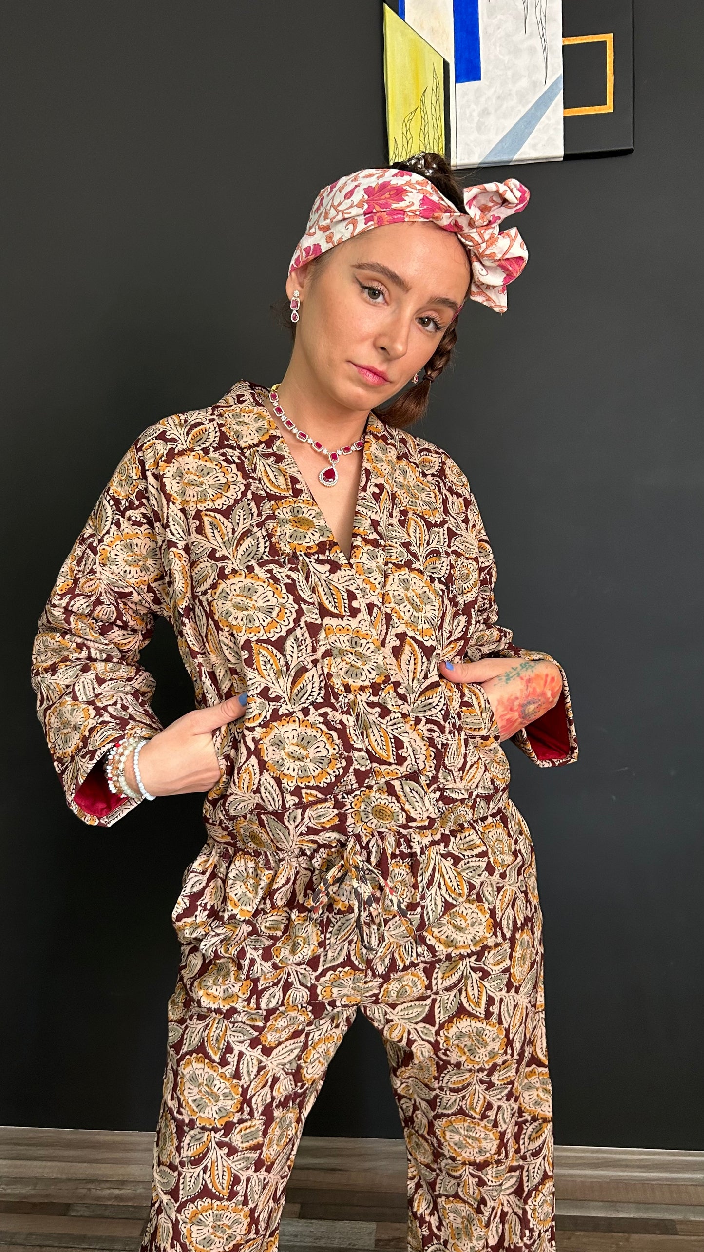 Cropped Jacket - Kalamkari Mustard flower
