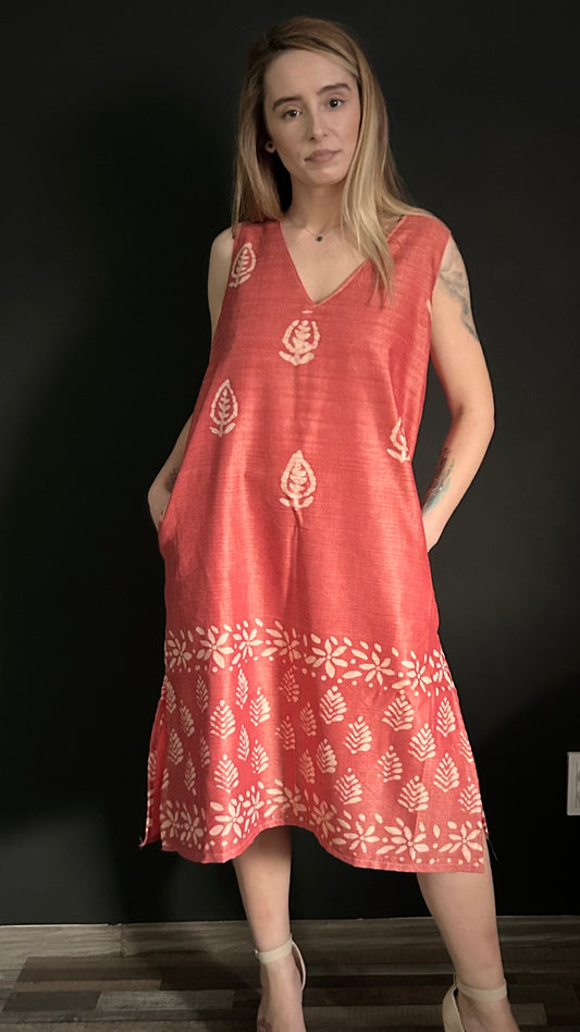 Chanderi Silk Dress - Brick Red