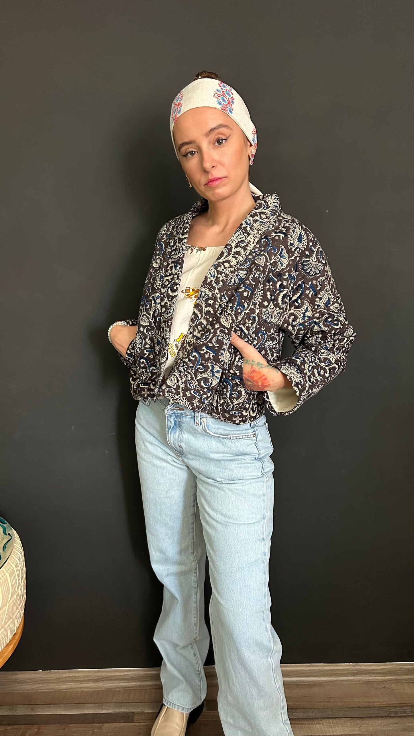 Cropped Jacket - Kalamkari Grey