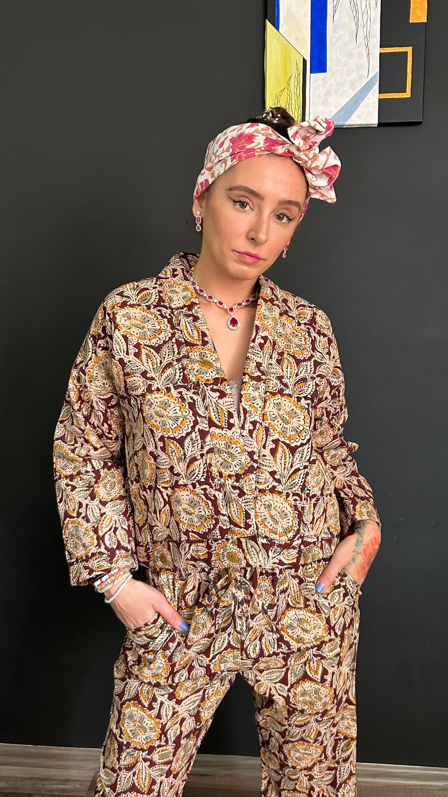 Cropped Jacket - Kalamkari Mustard flower