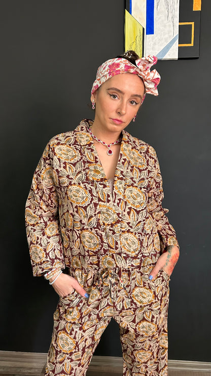 Cropped Jacket - Kalamkari Mustard flower