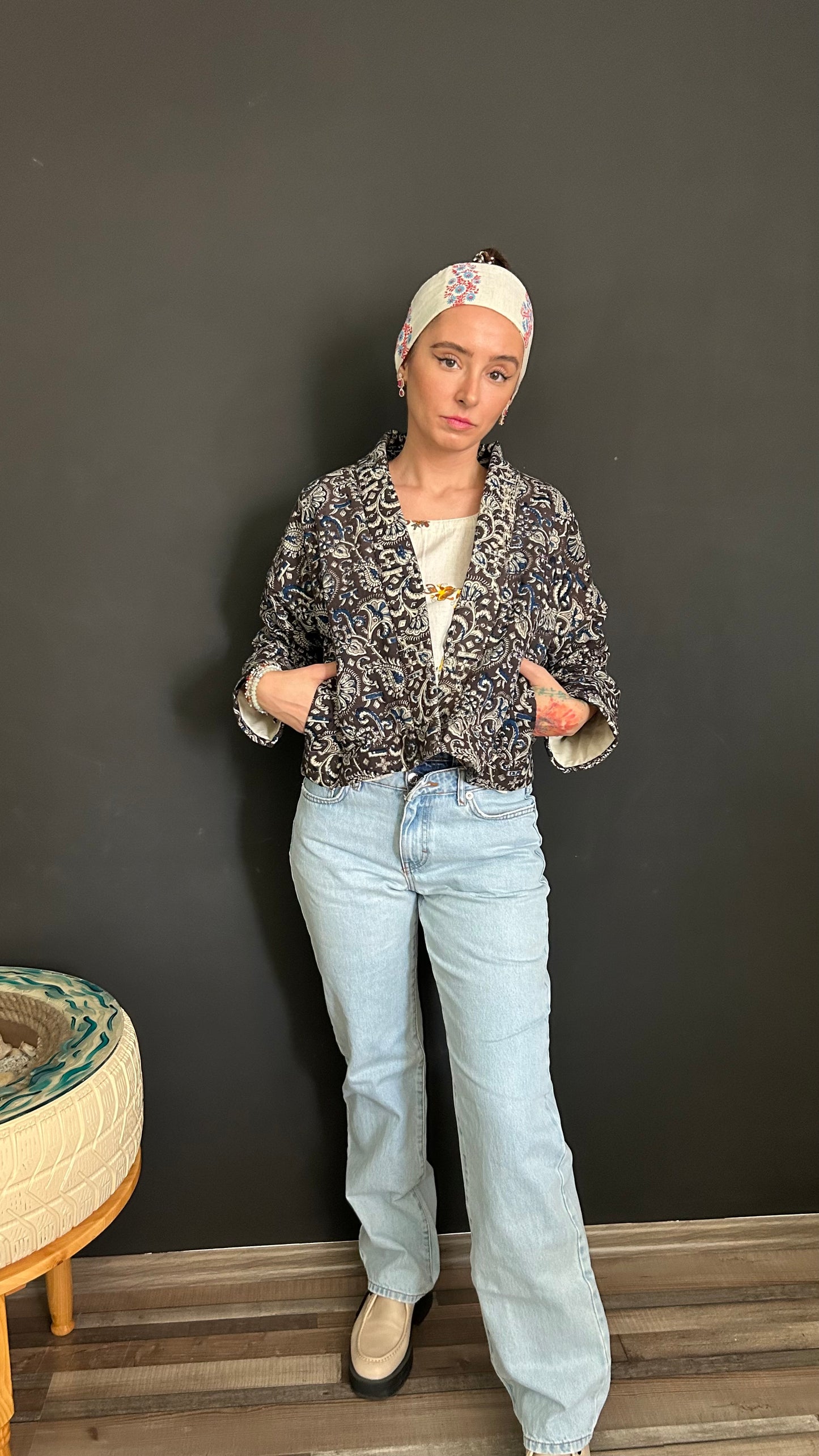 Cropped Jacket - Kalamkari Grey